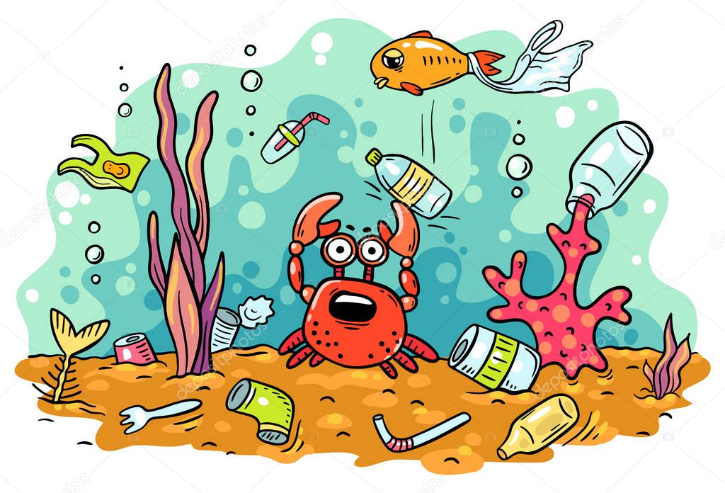 Sea animals suffer from ocean pollution with plastics, ecology and environment concept