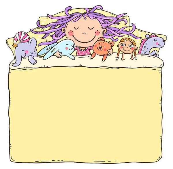 Little girl sleeping with her toys, the blanket being a blank frame with a copy space — Stock Vector