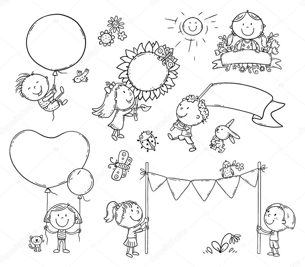 Set of cartoon kids with signs, flags and balloons with copy space, vector clipart