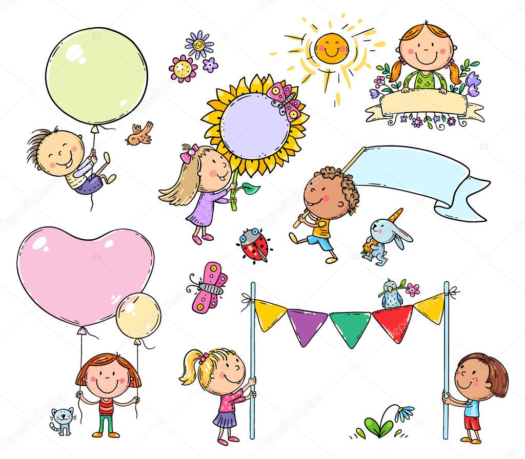 Set of cartoon kids with signs, flags and balloons with copy space, vector clipart