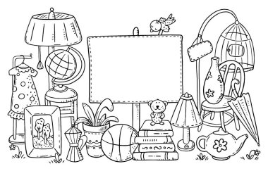 Yard or garage sale of used stuff with a blank frame