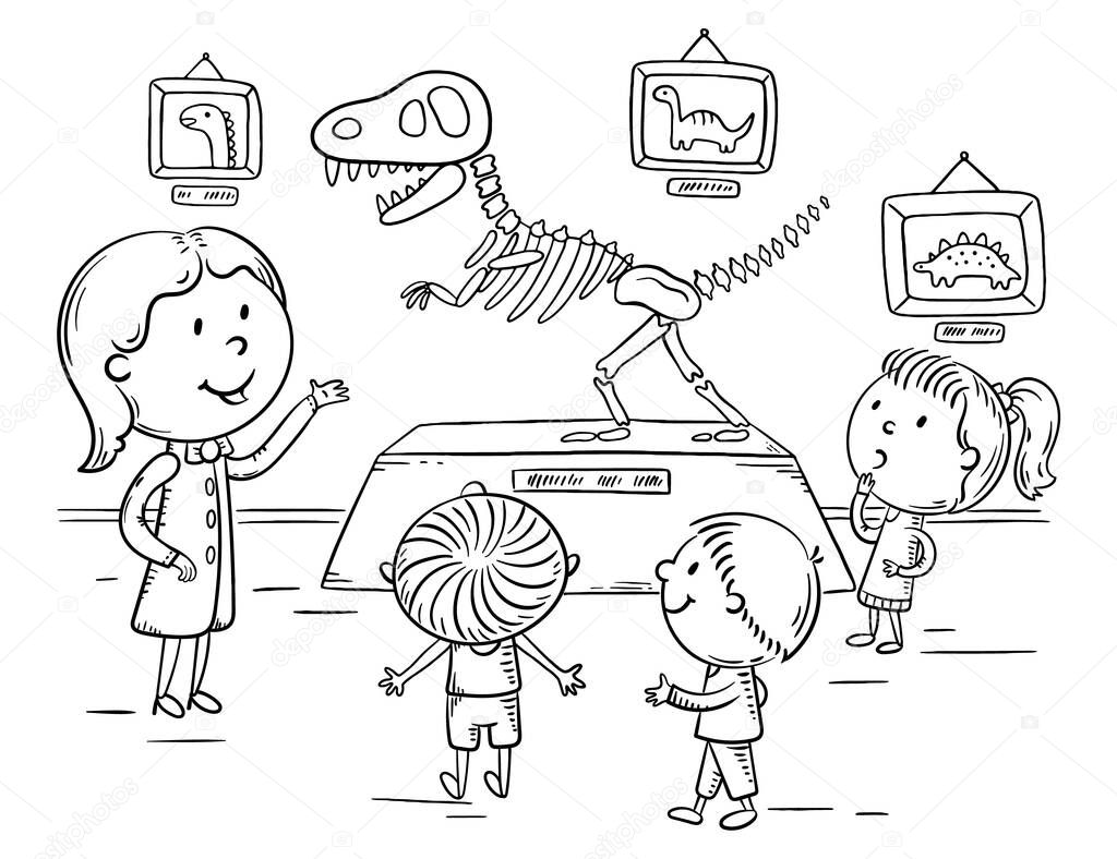 Kids on excursion in the dinosaur or natural history museum with a guide or teacher, outline illustration
