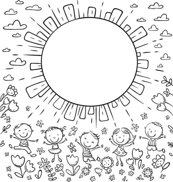 Сонячна рамка з щасливими каракулевими дітьми і круглий простір для копіювання — стоковий вектор