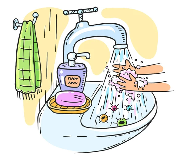 Le lavage des mains avec du savon ou l'hygiène des mains aide à prévenir les infections et à éviter les germes et les virus — Image vectorielle