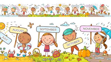 Children with months signs and changing weather and seasons, a long horizontal border or frame clipart