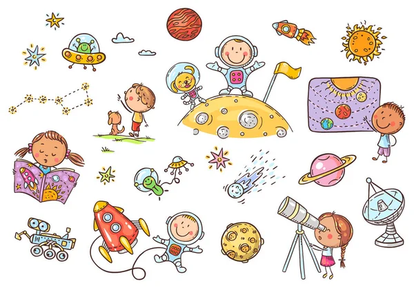 Przestrzeń kreskówek i astronauci zestaw, cliparts wektor dla dzieci — Wektor stockowy