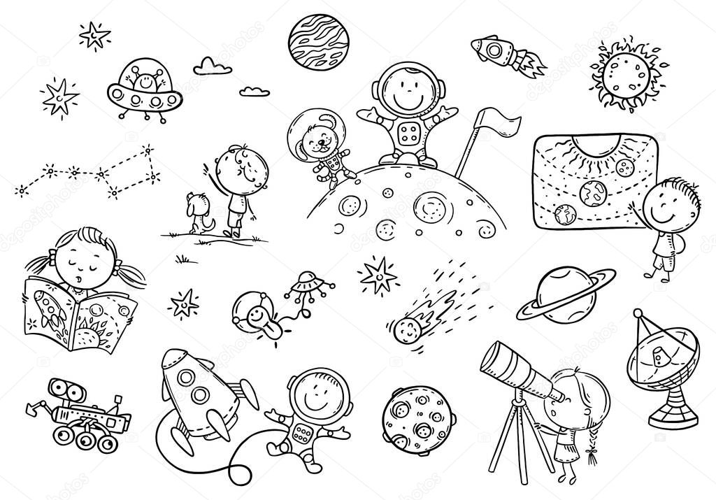 Cartoon space and astronauts set, coloring page for kids