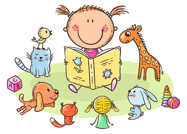 Küçük kız oyuncaklara kitap okuyor ya da oyun oynuyor. Çizgi film çizimleri. — Stok Vektör