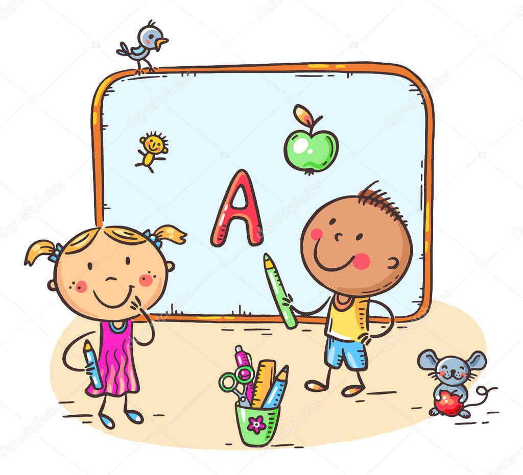 Kids writing on board, learning letters, you can insert your own image into the frame