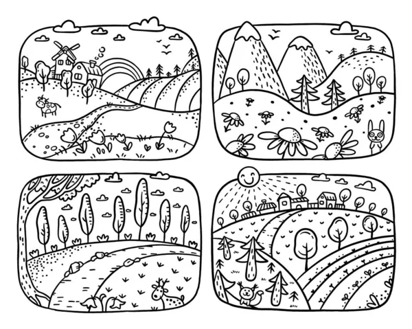 Um conjunto de quatro paisagens de desenhos animados em preto e branco que podem ser usados como páginas para colorir — Vetor de Stock