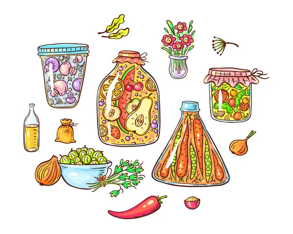 Conjunto de verduras y especias marinadas o en vinagre — Vector de stock
