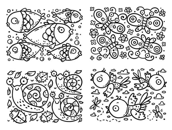 Conjunto de páginas para colorear para niños preescolares con animales de dibujos animados simples y lindos — Vector de stock
