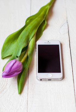 Beyaz smartphone ile ışık ahşap arka plan üzerinde Lila Lale