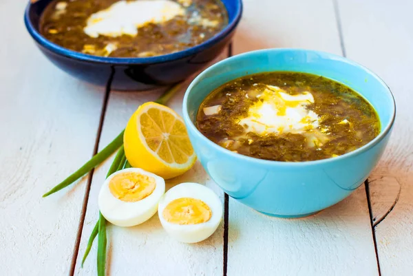 Зеленый борщ в глубоких пластинах. Сорреловый суп со шпинатом и яйцом в двух голубых блюдах . — стоковое фото