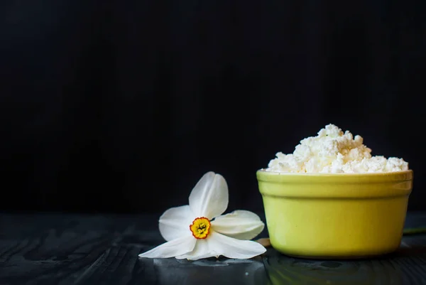 Solo requesón en cerámica sobre fondo oscuro. Queso granulado agrio en una mesa de madera. Flores de cuajada y narciso . — Foto de Stock