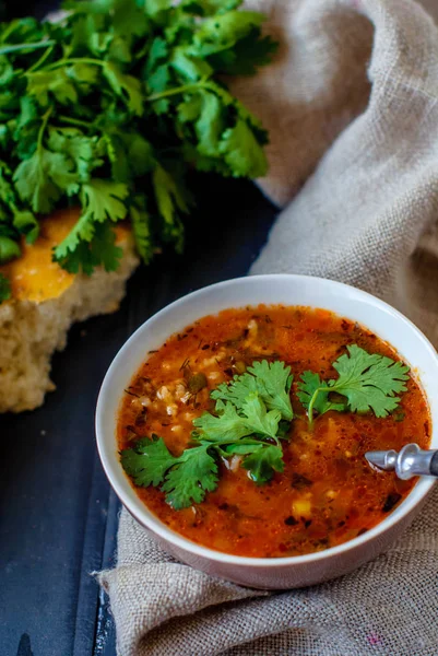 Georgische Suppe kharcho mit lavash. Nationalgericht georgischer harcho. Suppe kharcho mit Koriander und Gemüse auf einem Holztisch. — Stockfoto