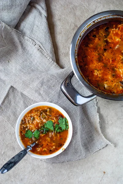 Georgian soup is served in a deep bowl and saucepan. National dish of Georgian harko on a light background. Soup kharcho with linen napkin. — Stock Image Georgian soup is served in a deep bowl and saucepan. National dish of Georgian harko on a light background. Soup kharcho with linen napkin. Stock Picture