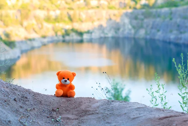 Pink teddy bear over the cliff in the setting sun. — Stock Photo, Image