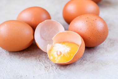 Sadece kahverengi tavuk yumurtası ve bir kırık yumurta yumurta sarısı ile