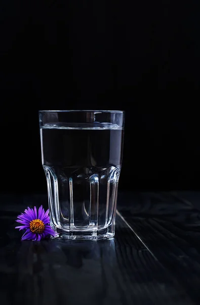 只是一杯水在黑色的背景与紫色的小花 — 图库照片