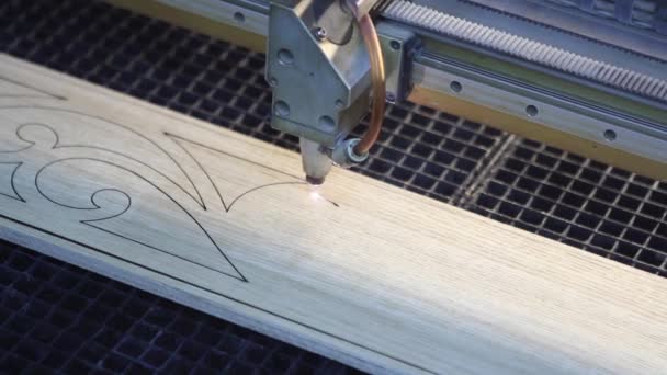 Современная лазерная деревообрабатывающая машина с ЧПУ на деревообрабатывающем и мебельном заводе — стоковое видео