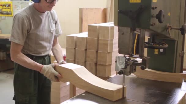 Handmatige verwerking van hout met hulpprogramma's in de fabriek van houtbewerking en meubels — Stockvideo
