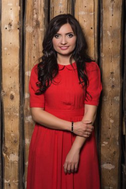 Kırmızı elbiseli güzel bir kadın. Bir iş kadını. Moda portrai