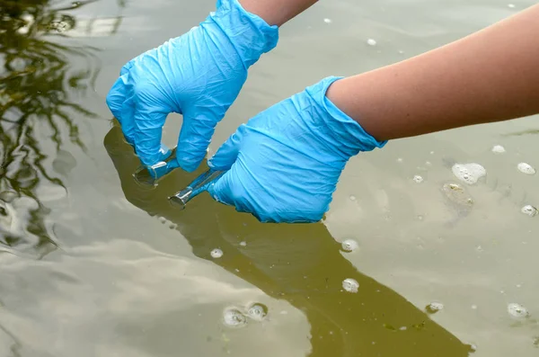 Taking a water test for analysis from a reservoir.