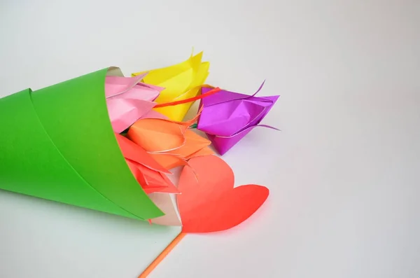 Multicolored tulips handmade from paper by March 8 on a light background. — Stock Photo, Image