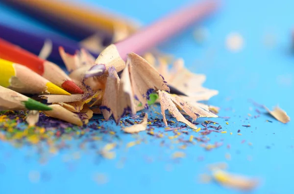 Afie os lápis coloridos com um apontador . — Fotografia de Stock
