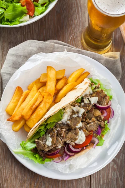 Greek Gyros with Fries and Salad — Stock Photo, Image