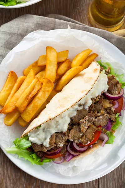 Greek Gyros with Fries and Salad — Stock Photo, Image