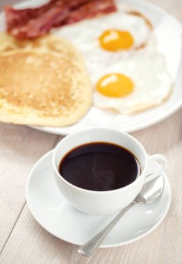 Coffe with Pancakes, Bacon and Eggs