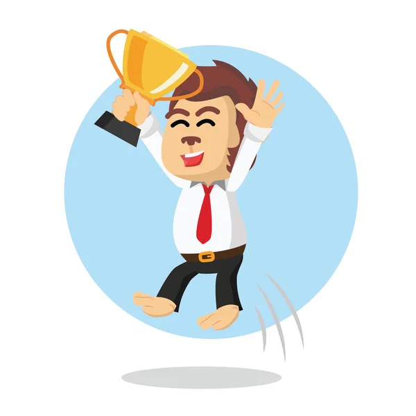 Aap office springen met een bedrijf trofee — Stockvector