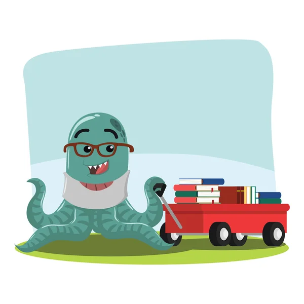 Octopus monster uitvoering kar vol met boeken — Stockvector