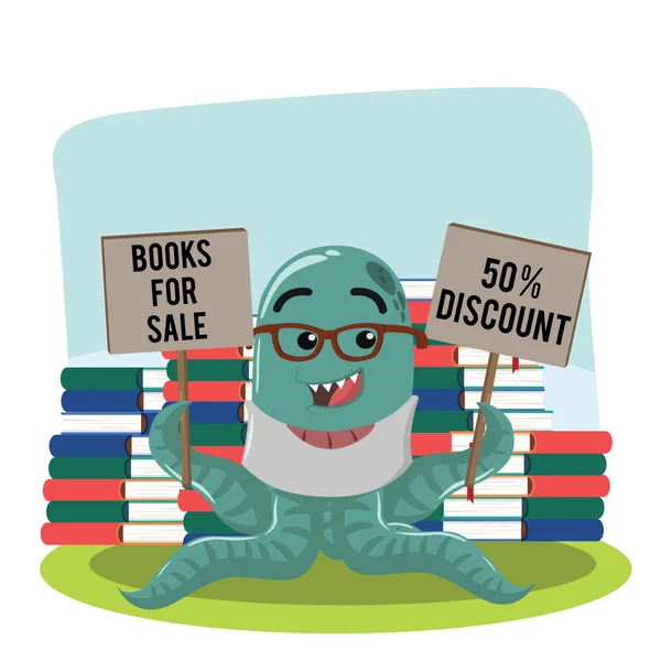 Octopus monster verkoop van boeken — Stockvector
