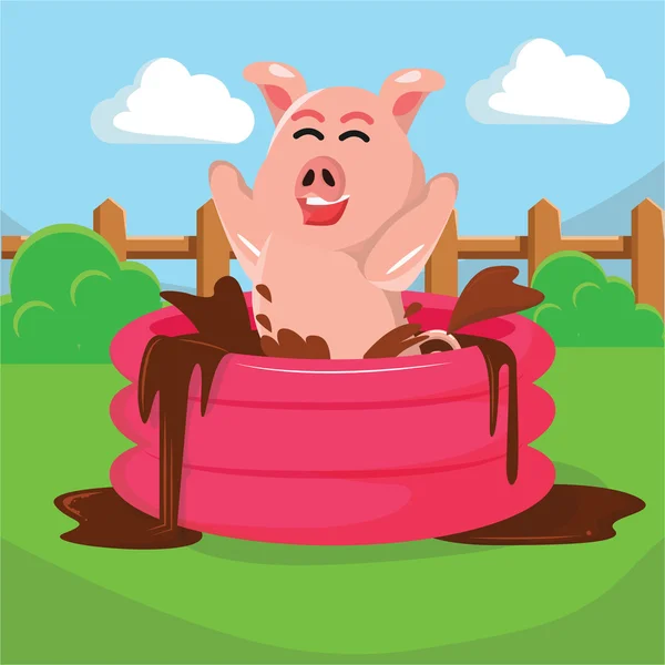 Pig swimming mud of inflatable pool — Stock Vector