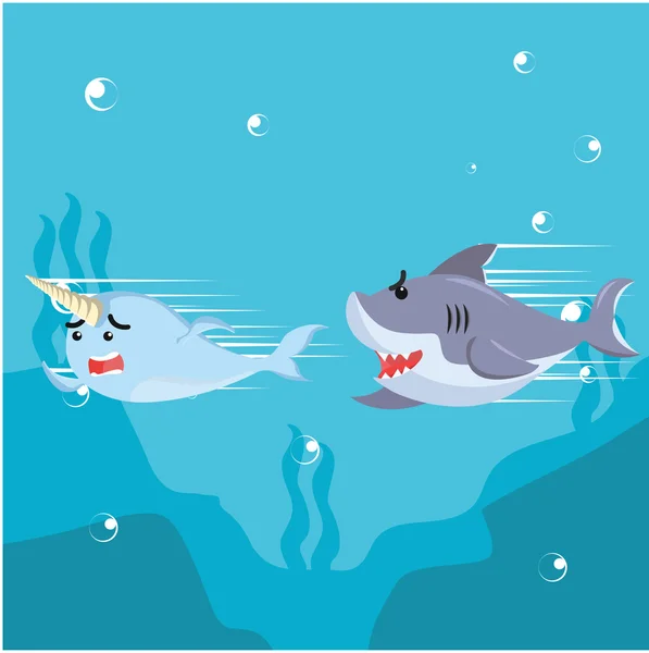 Narwhal преследуемый акулой — стоковый вектор