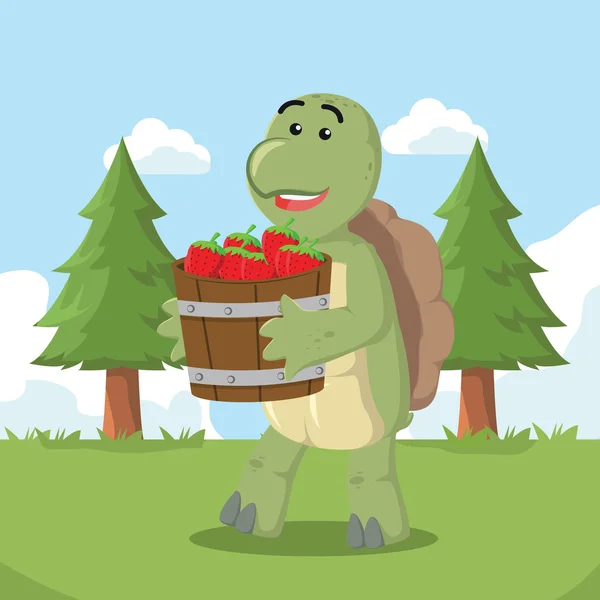 Seau de tortue tenant plein de fraises — Image vectorielle