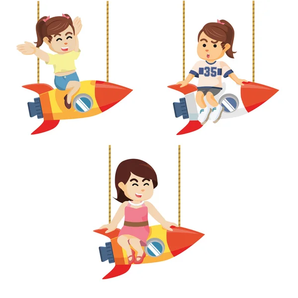 Girl on rocket set illustration design — Stock Vector