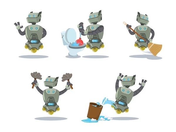 Limpieza robot conjunto de dibujos animados — Vector de stock