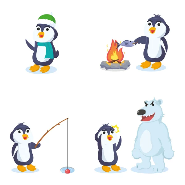 Pinguino cartone animato disegno illustrazione set — Vettoriale Stock