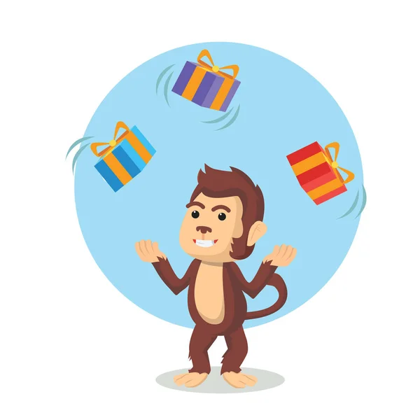 Monkey juggling christmas box — Stock Vector