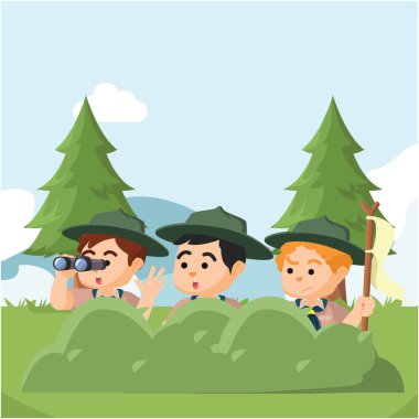 Çalıların arkasına saklanarak boyscout grup