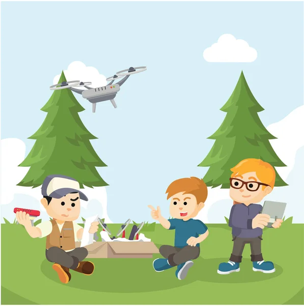 Chłopiec pomaga przyjaciel montaż drone — Wektor stockowy