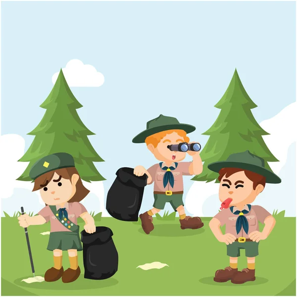 Explorador trabajando juntos para limpiar el bosque — Vector de stock