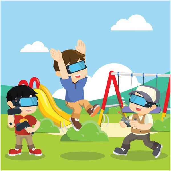 Dzieci gry wirtualnej rzeczywistości w parku — Wektor stockowy
