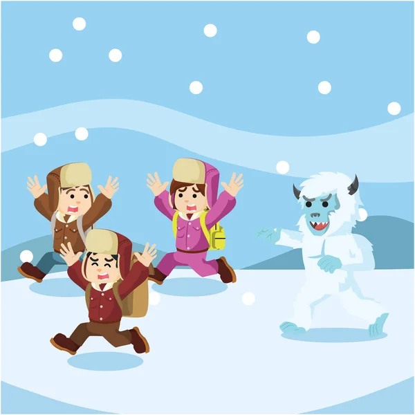 Group of arctic exploler chased by yeti — Stock Vector