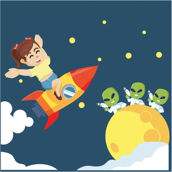 Woman riding a rocket to the moon to meet aliens — Stock Vector