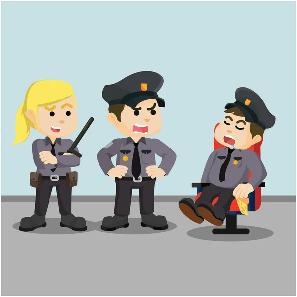 Офицер полиции зол на спящих толстых полицейских — стоковый вектор